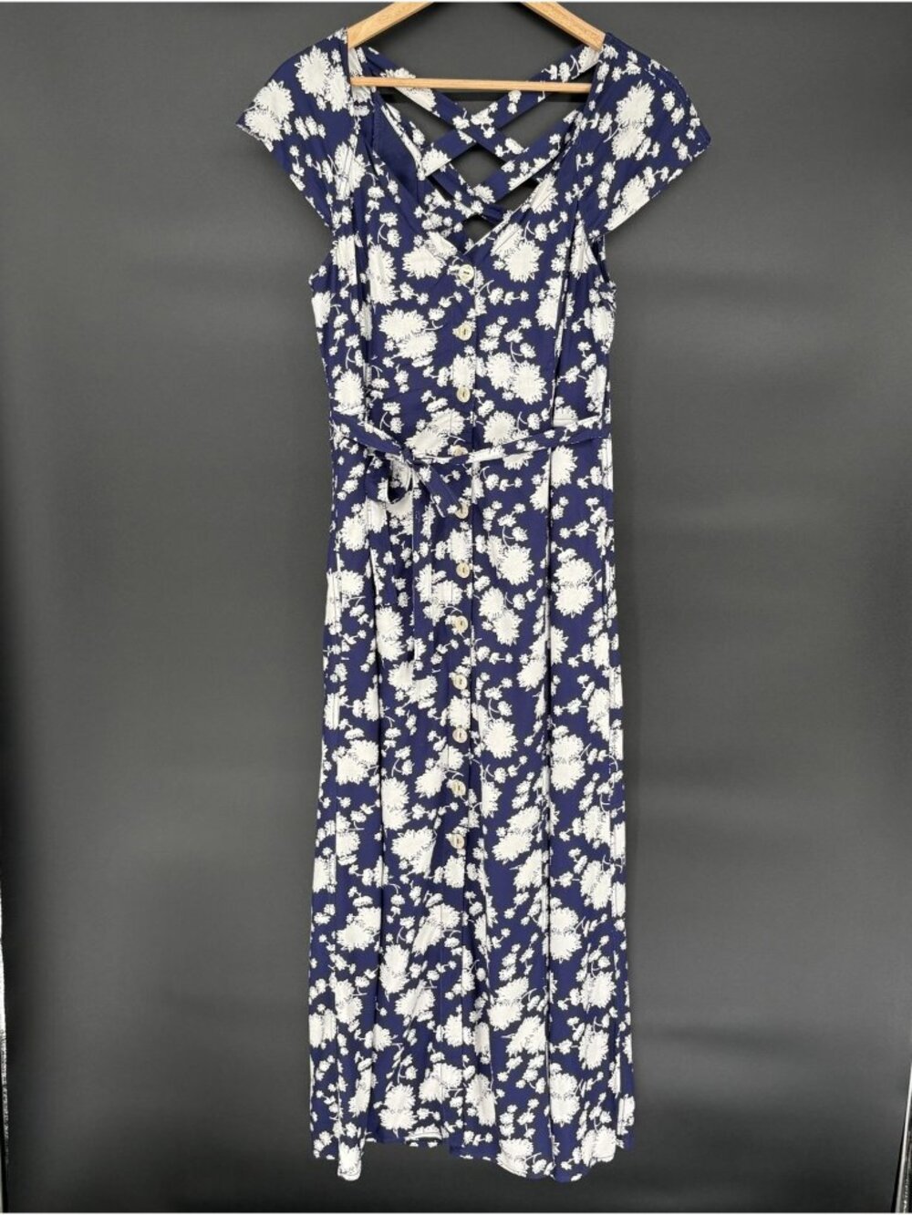 Maeve Anthropologie Tate Motif Floral Midi Dress 8 Blue White Button Front
